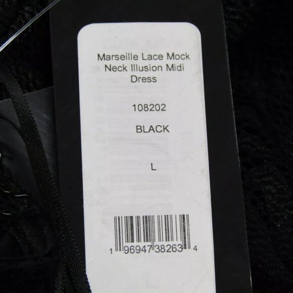 NEW BEBE Women's Midi Dress Black Marseille Lace Mock Neck Illusion Size L - Picture 9 of 10